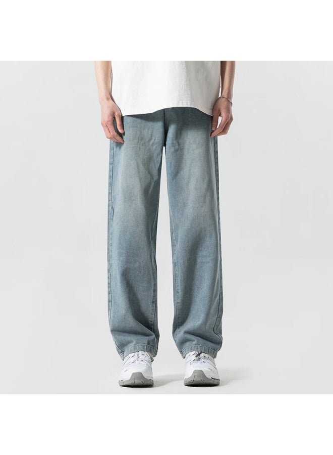 Poum Men's Summer Thin Casual Retro American High Street Loose Wide Leg Pants 505 Vintage Blue L - Image 2