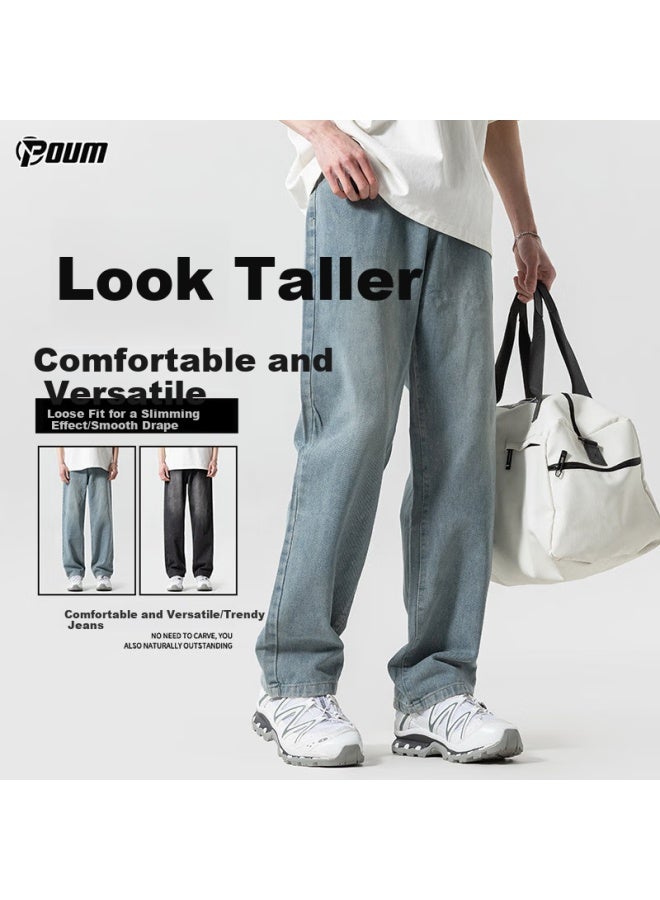 Poum Men's Summer Thin Casual Retro American High Street Loose Wide Leg Pants 505 Vintage Blue L - Image 1