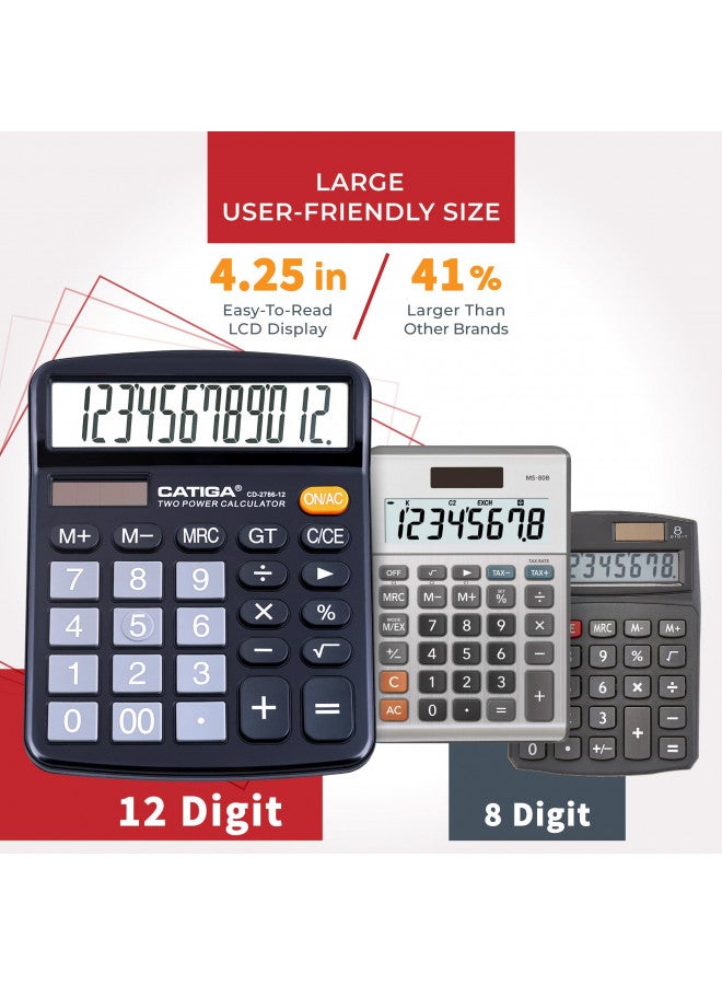 CATIGA 12 Digits Desktop Calculator with Large LCD Display and Sensitive Button, Dual Solar Power and Battery, Standard Function for Office, Home, School, CD-2786 - Image 2
