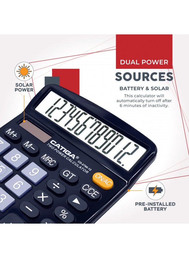 CATIGA 12 Digits Desktop Calculator with Large LCD Display and Sensitive Button, Dual Solar Power and Battery, Standard Function for Office, Home, School, CD-2786 - Image 5
