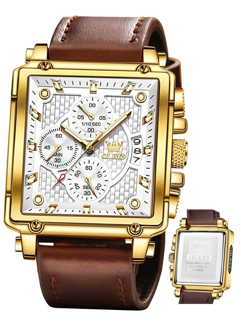 أوليفز ساعات OLEVS مربعة للرجال من الجلد البني كرونوغراف ساعة عمل عصرية مضيئة مقاومة للماء كاجوال - Image 1