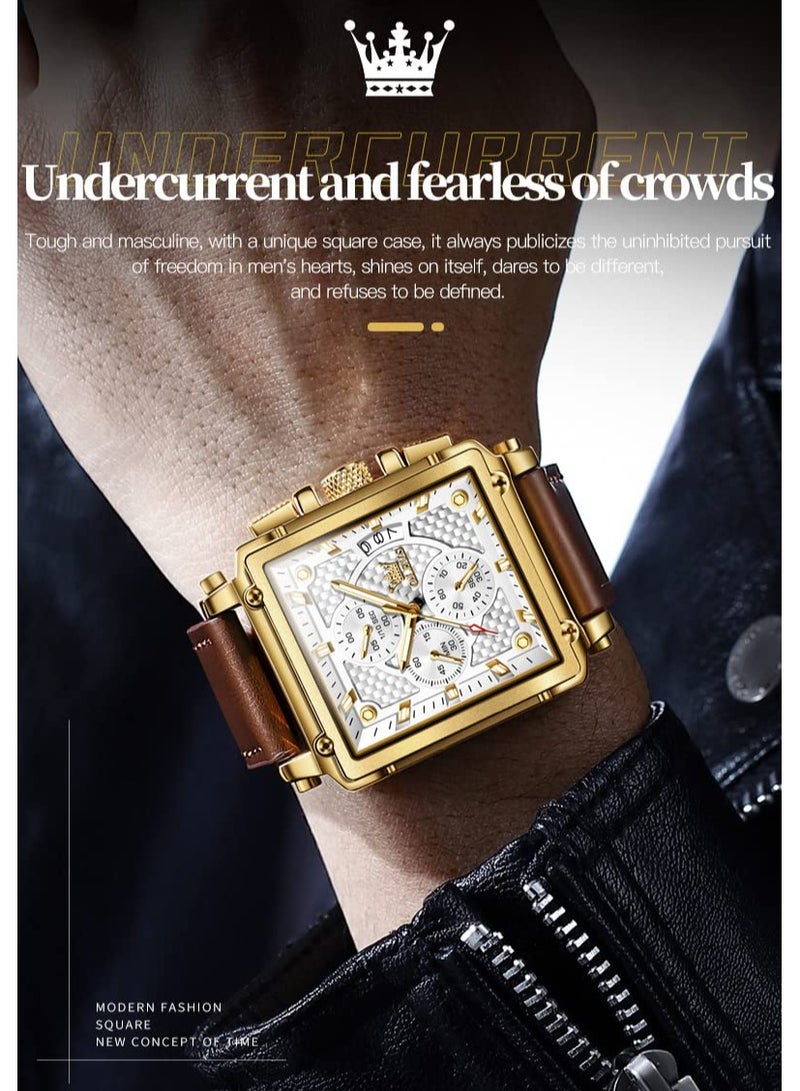 أوليفز ساعات OLEVS مربعة للرجال من الجلد البني كرونوغراف ساعة عمل عصرية مضيئة مقاومة للماء كاجوال - Image 2