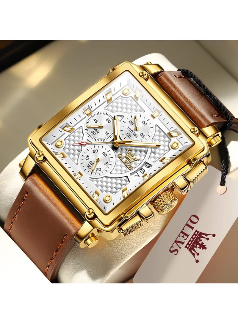 أوليفز ساعات OLEVS مربعة للرجال من الجلد البني كرونوغراف ساعة عمل عصرية مضيئة مقاومة للماء كاجوال - Image 3