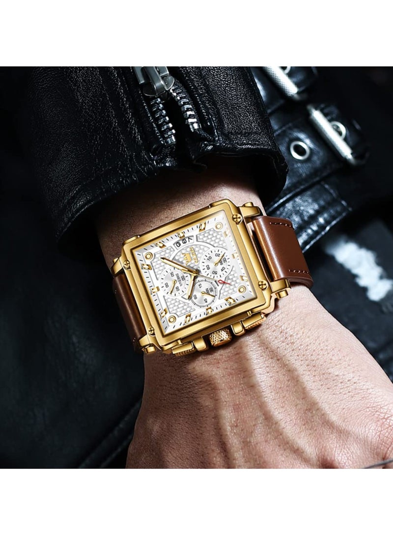 أوليفز ساعات OLEVS مربعة للرجال من الجلد البني كرونوغراف ساعة عمل عصرية مضيئة مقاومة للماء كاجوال - Image 4