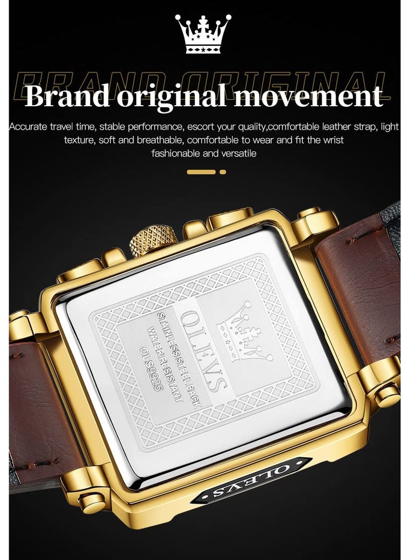 أوليفز ساعات OLEVS مربعة للرجال من الجلد البني كرونوغراف ساعة عمل عصرية مضيئة مقاومة للماء كاجوال - Image 5