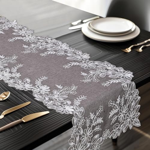 Oriental Weavers OrientalWeavers Cut Work Embroidered Linen Long Dining Table Runner for 6-Seater (16x72 inches), 6 feet Runner - Silver Grey - Image 2