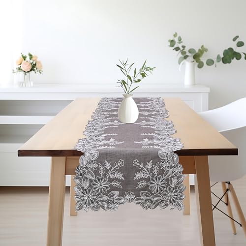 Oriental Weavers OrientalWeavers Cut Work Embroidered Linen Long Dining Table Runner for 6-Seater (16x72 inches), 6 feet Runner - Silver Grey - Image 1