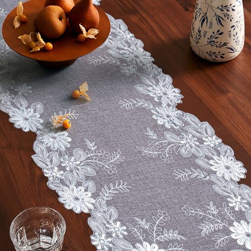 Oriental Weavers OrientalWeavers Cut Work Embroidered Linen Long Dining Table Runner for 6-Seater (16x72 inches), 6 feet Runner - Silver Grey - Image 4