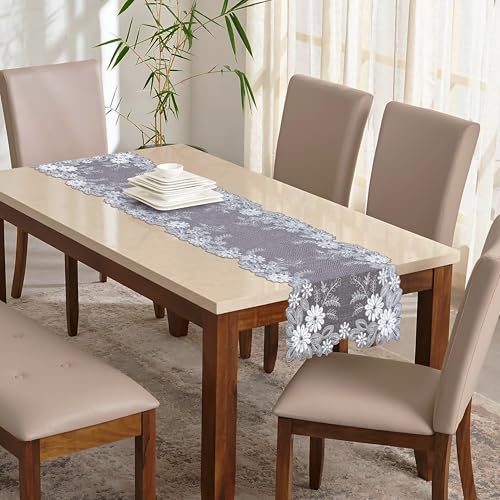 Oriental Weavers OrientalWeavers Cut Work Embroidered Linen Long Dining Table Runner for 6-Seater (16x72 inches), 6 feet Runner - Silver Grey - Image 3