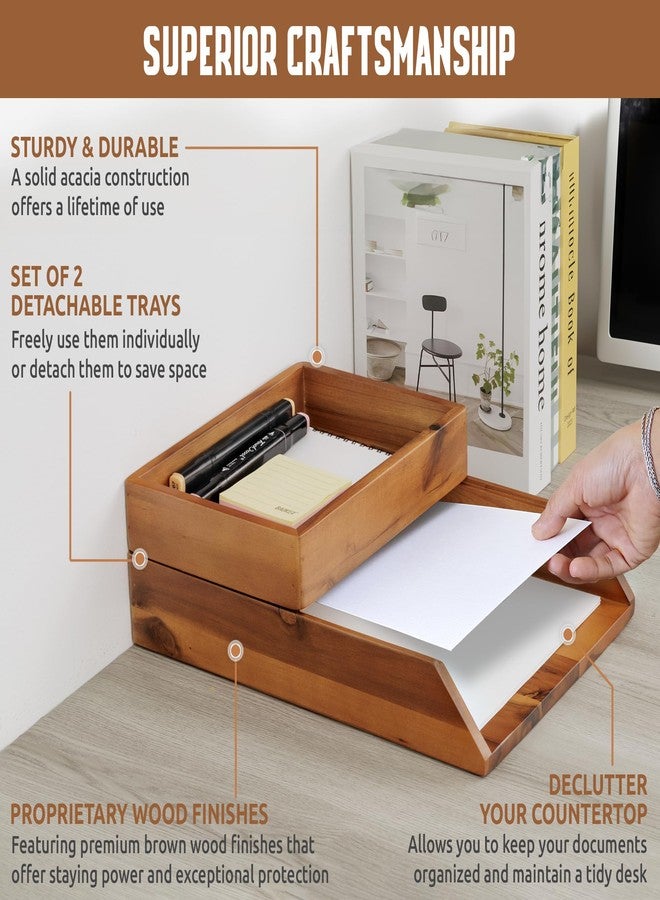 Demigo Desk Organizer Letter Tray Set of 2, Acacia Wood Tabletop Desktop for Storage Paper Letter Folders Notebooks Copy Print, Workspace Holder, Keep Stationery Saver (Brown) - Image 3