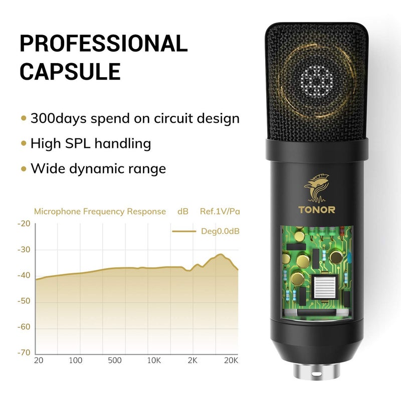 TONOR ميكروفون تونور XLR المكثف، مجموعة ميكروفون استوديو احترافية مع ذراع تلسكوبية T20، حامل صدمات، فلتر صوتي للتسجيل، البودكاست، التعليق الصوتي، البث، استوديو المنزل، يوتيوب (TC20) - Image 3