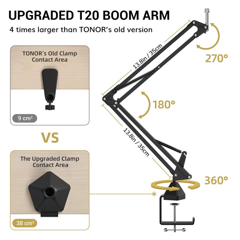 TONOR ميكروفون تونور XLR المكثف، مجموعة ميكروفون استوديو احترافية مع ذراع تلسكوبية T20، حامل صدمات، فلتر صوتي للتسجيل، البودكاست، التعليق الصوتي، البث، استوديو المنزل، يوتيوب (TC20) - Image 5