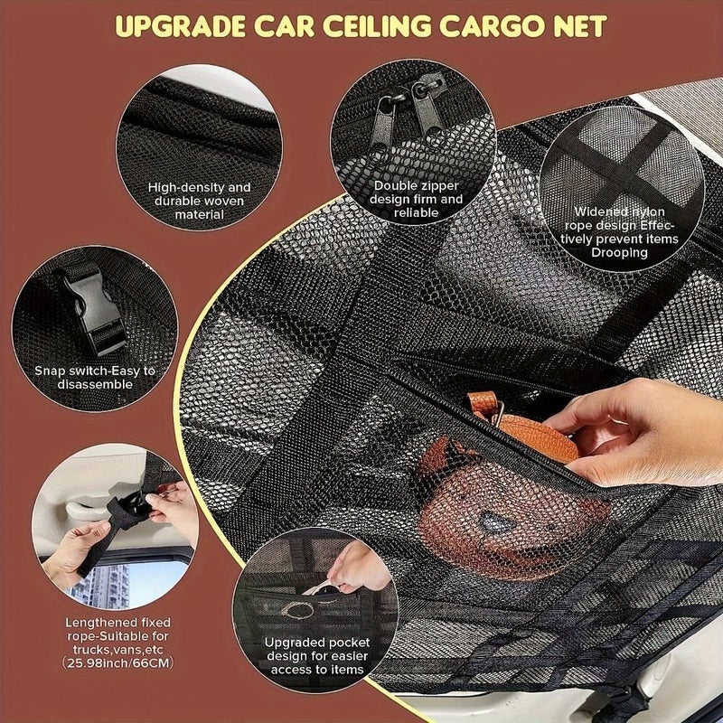 Heavy Duty Black Roof Cargo Net Bag Multiple Pockets Double LayerMesh Storage for Truck SUV Road Trip Camping - Image 5