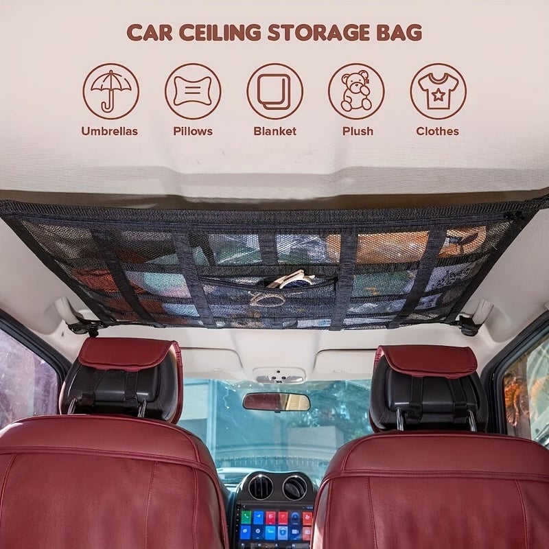 Heavy Duty Black Roof Cargo Net Bag Multiple Pockets Double LayerMesh Storage for Truck SUV Road Trip Camping - Image 4