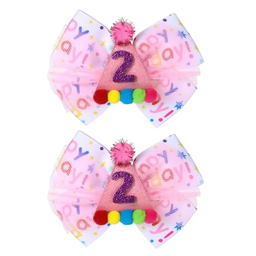 Suohheh Birthday Hair Bow for Baby Girls 1 2 3 4 5 6 Year Old Sprinkle Hair Clips Happy Birthday Decorations for Girls Toddlers With PomPoms Ice Cream Candy Party Pink Hair Accessories for 2nd Sweet Party - Image 1