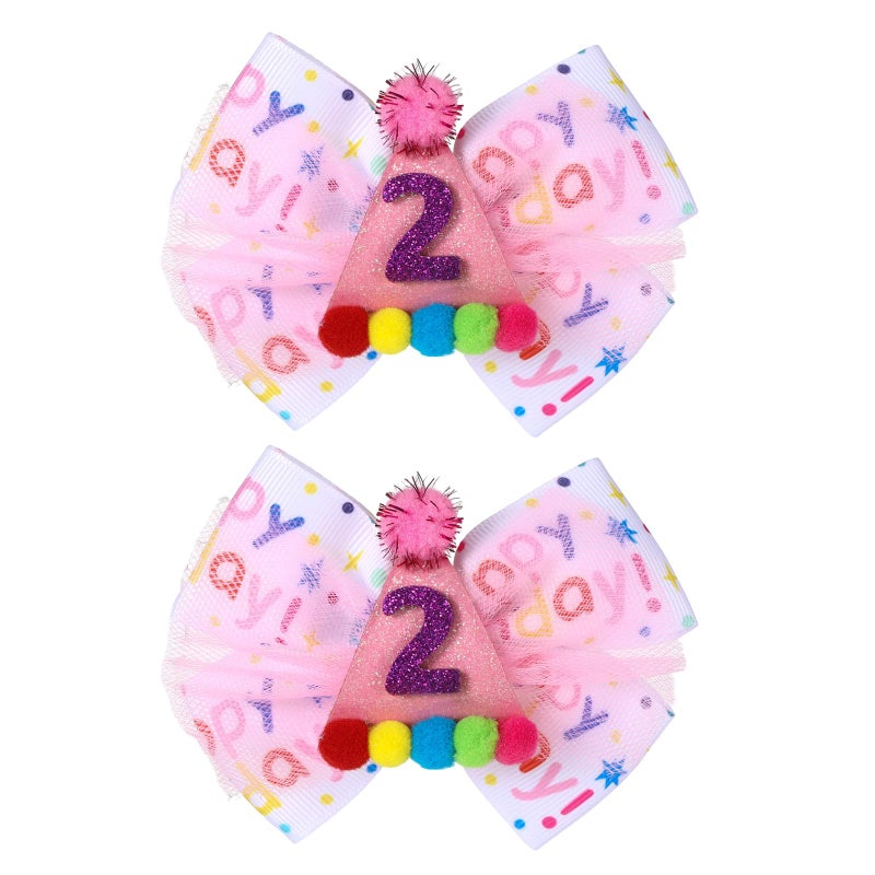 Suohheh Birthday Hair Bow for Baby Girls 1 2 3 4 5 6 Year Old Sprinkle Hair Clips Happy Birthday Decorations for Girls Toddlers With PomPoms Ice Cream Candy Party Pink Hair Accessories for 2nd Sweet Party - Image 3