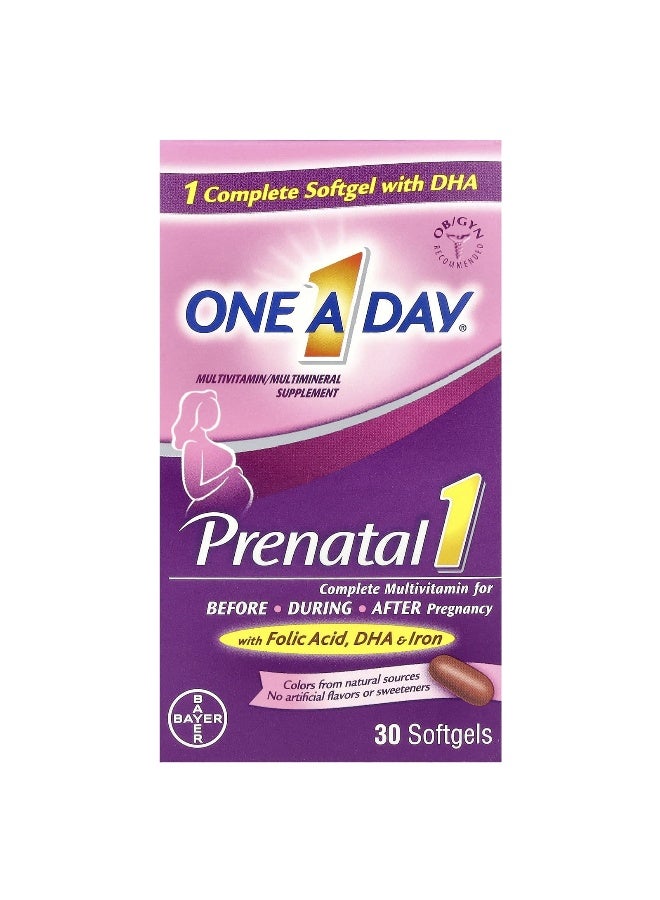 ONE A DAY One-A-Day, Prenatal 1 with Folic Acid, DHA & Iron, Multivitamin/Multimineral Supplement, 30 Softgels (Packaging may vary) - Image 1