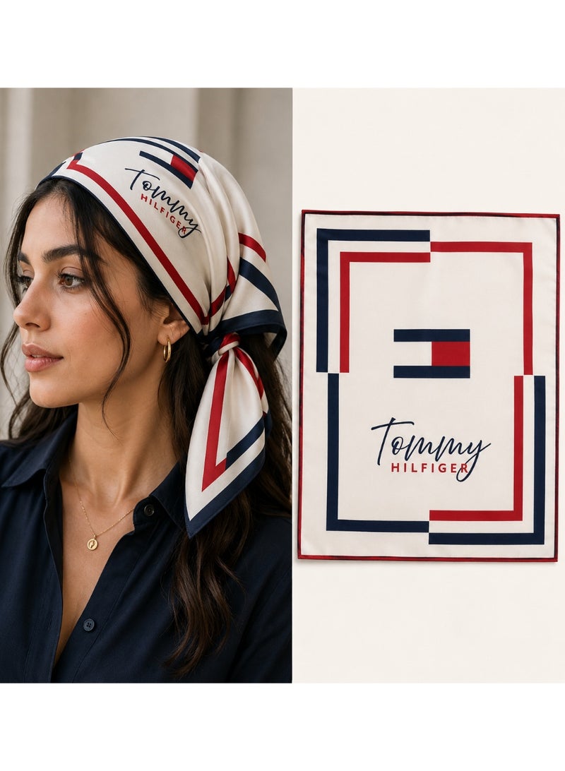 Tommy Hilfiger Logo Print Bandana Scarf, Cream/Red/Navy - Image 1