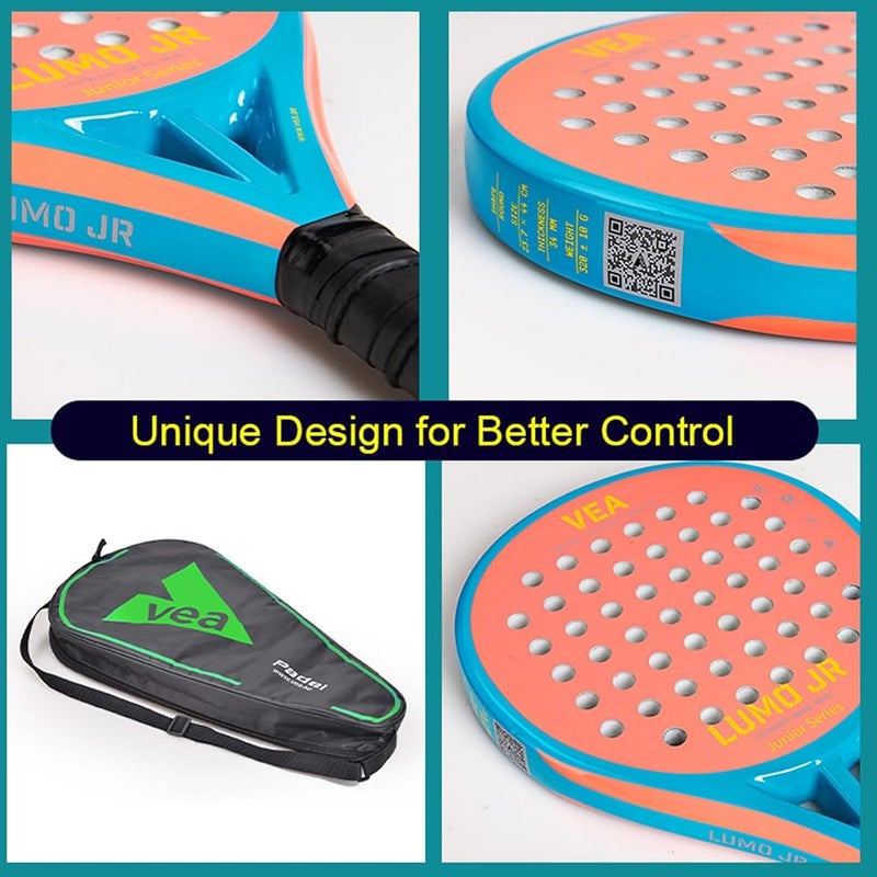 VEA LUMO JR Junior Padel Racket Bundle – Neon Orange Includes 1 Racket and 1 Tube of VEA Padel Balls 50% Carbon 50% Fiberglass Soft EVA Core Lightweight 320g Glossy Finish - Image 2