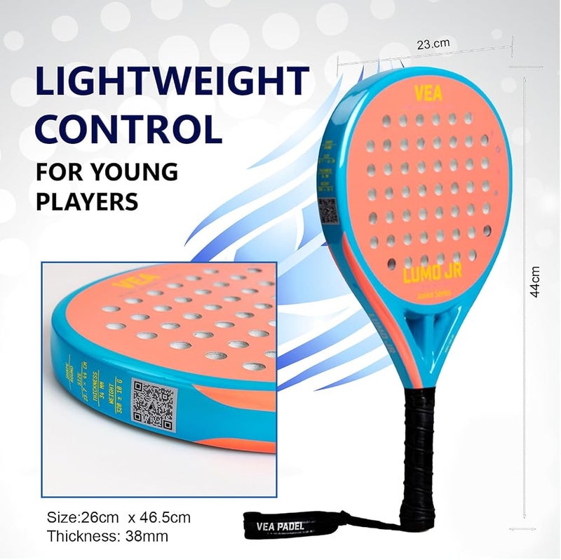 VEA LUMO JR Junior Padel Racket Bundle – Neon Orange Includes 1 Racket and 1 Tube of VEA Padel Balls 50% Carbon 50% Fiberglass Soft EVA Core Lightweight 320g Glossy Finish - Image 4