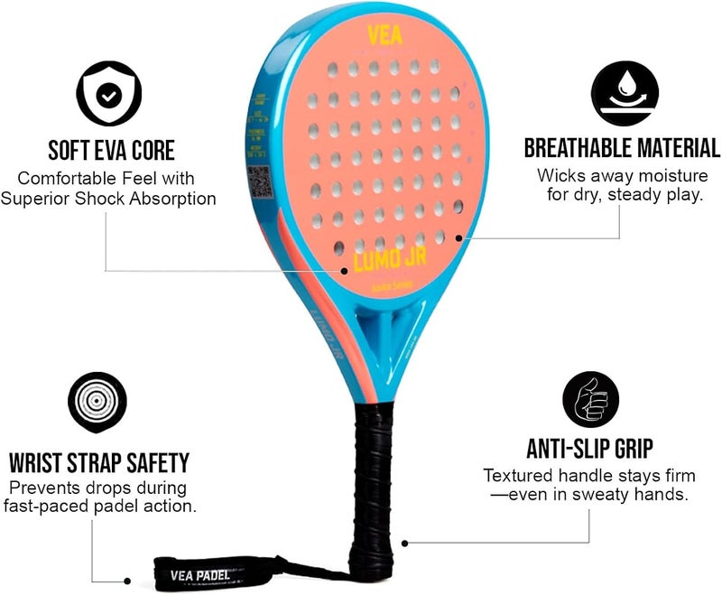 VEA LUMO JR Junior Padel Racket Bundle – Neon Orange Includes 1 Racket and 1 Tube of VEA Padel Balls 50% Carbon 50% Fiberglass Soft EVA Core Lightweight 320g Glossy Finish - Image 3
