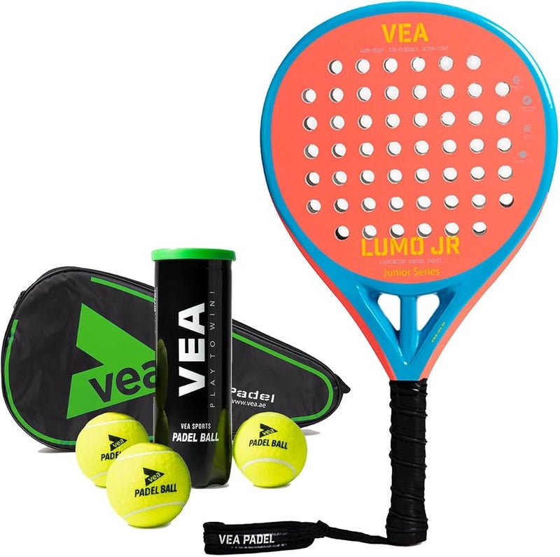 VEA LUMO JR Junior Padel Racket Bundle – Neon Orange Includes 1 Racket and 1 Tube of VEA Padel Balls 50% Carbon 50% Fiberglass Soft EVA Core Lightweight 320g Glossy Finish - Image 1