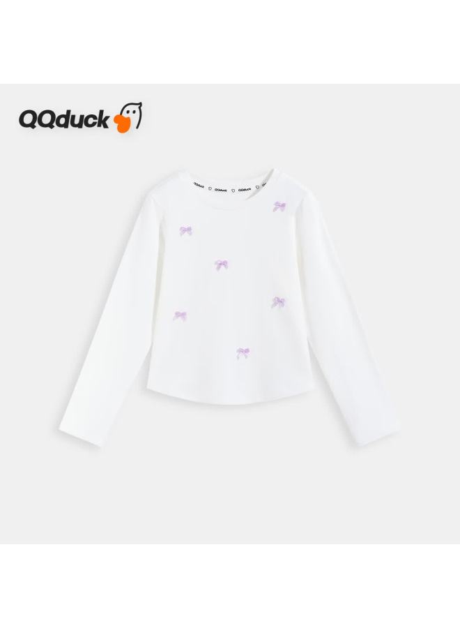 Qq Duck Girls' Long Sleeve T-shirt Children's Spring Student Slim Fit Waist Top Youth Versatile Sweet Bowknot Shirt