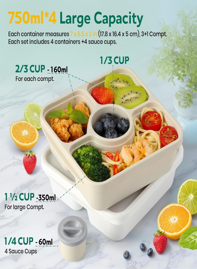 QQKO Bento Snack Box Containers for Adults Kids, Meal Prep Containers Reusuable Bento Lunch Box, Lunchable Food Storage Containers with Lids and Sauce Cups, White Brown - Image 2