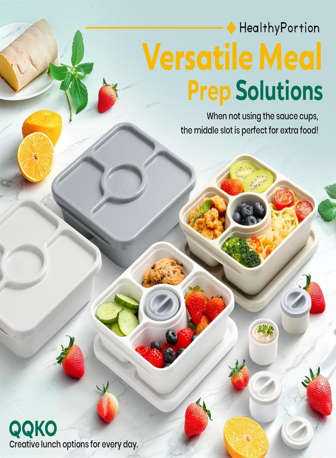 QQKO Bento Snack Box Containers for Adults Kids, Meal Prep Containers Reusuable Bento Lunch Box, Lunchable Food Storage Containers with Lids and Sauce Cups, White Brown - Image 3