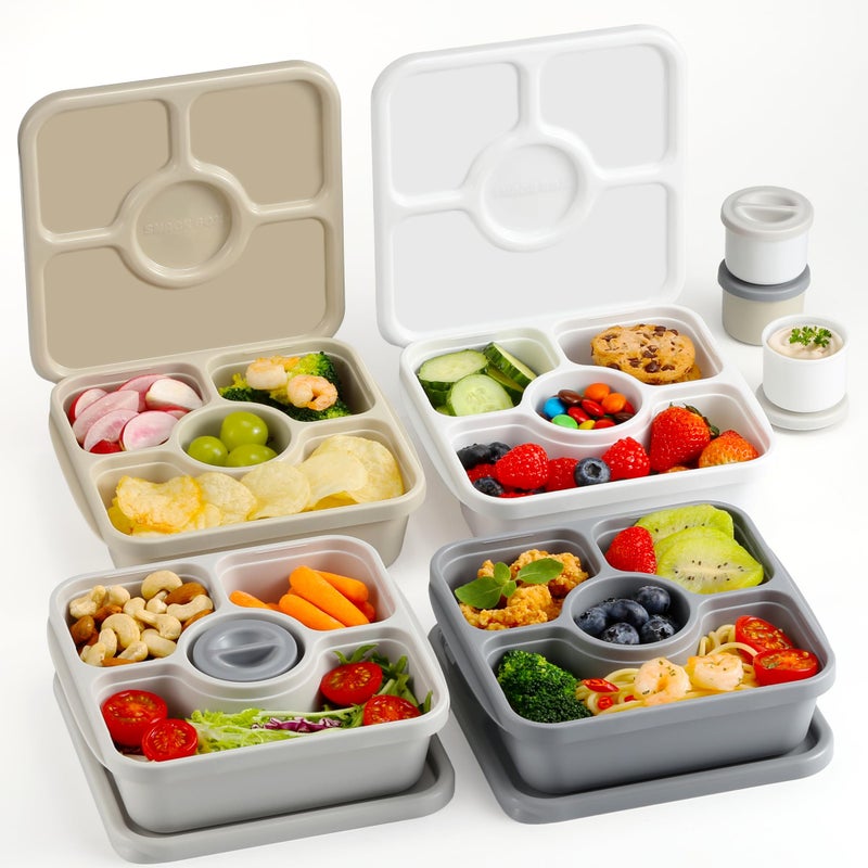 QQKO Bento Snack Box Containers for Adults Kids, Meal Prep Containers Reusuable Bento Lunch Box, Lunchable Food Storage Containers with Lids and Sauce Cups, White Brown - Image 1
