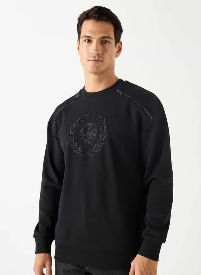 Emperor Emperor Embroidered Sweatshirt with Zip Accent and Long Sleeves