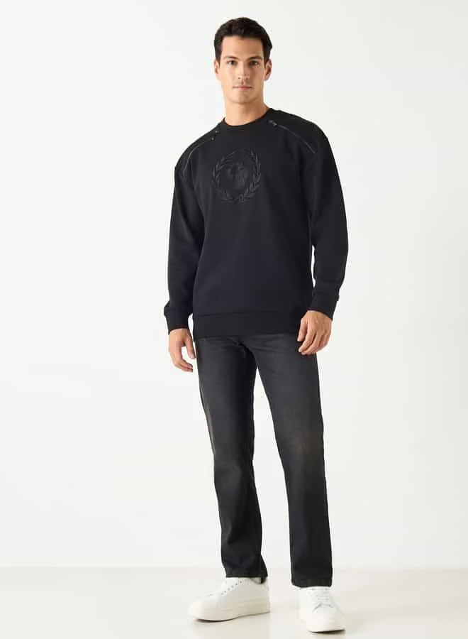 Emperor Emperor Embroidered Sweatshirt with Zip Accent and Long Sleeves