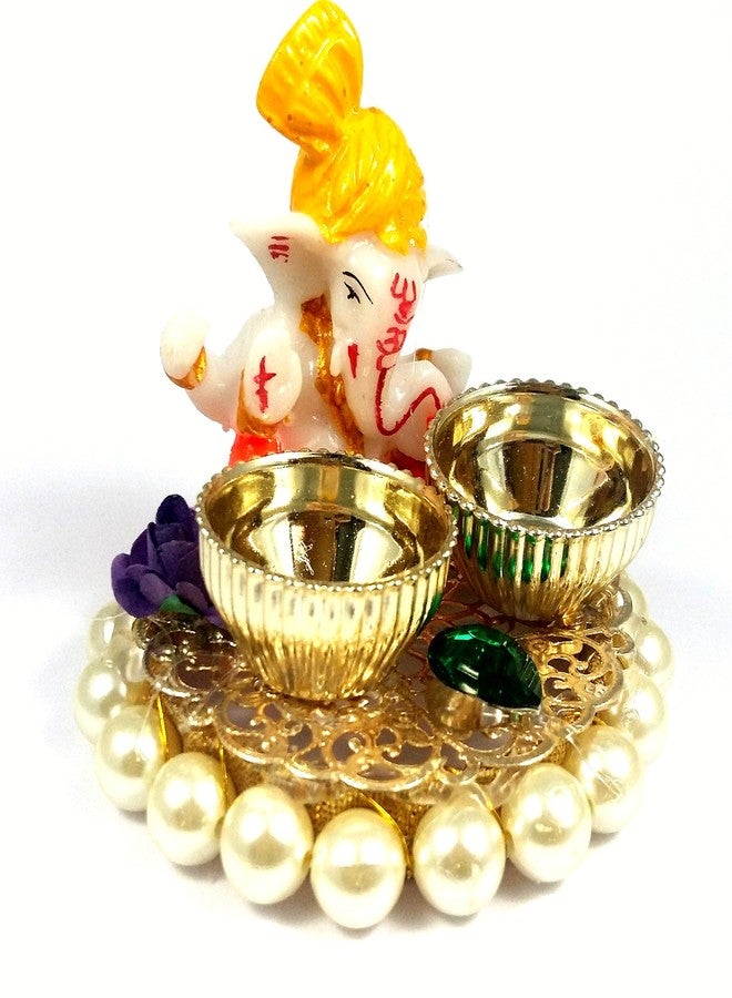 Evisha Gold Plated, Pearl Studded with Ganesha kumkum chawal Plate/roli chawal Plate - Image 2