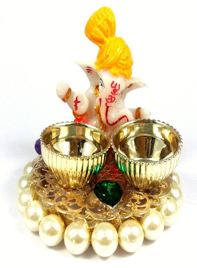 Evisha Gold Plated, Pearl Studded with Ganesha kumkum chawal Plate/roli chawal Plate - Image 1