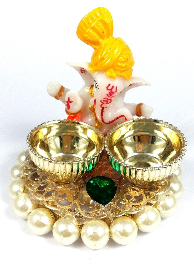 Evisha Gold Plated, Pearl Studded with Ganesha kumkum chawal Plate/roli chawal Plate - Image 3