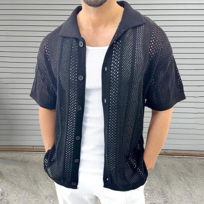 Summer Mens Knit Polo Short Sleeve Breathable Cardigan White - Image 2