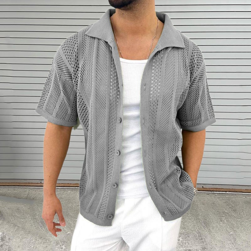 Summer Mens Knit Polo Short Sleeve Breathable Cardigan White - Image 3
