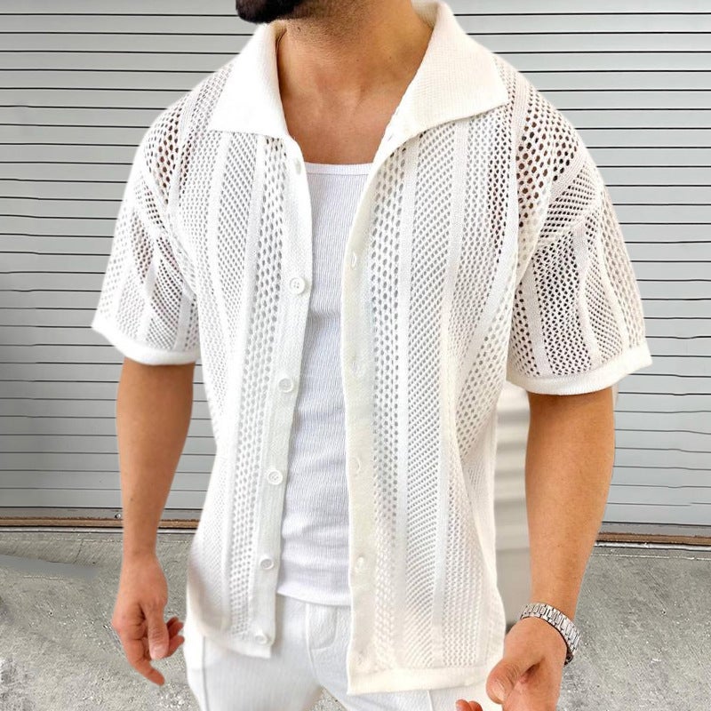 Summer Mens Knit Polo Short Sleeve Breathable Cardigan White - Image 4