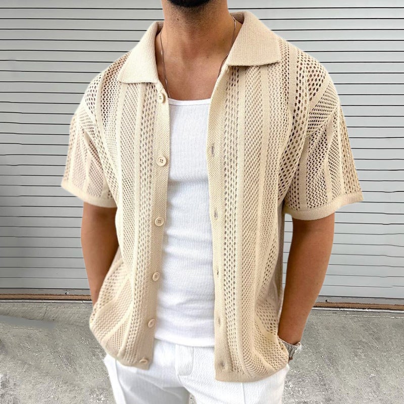 Summer Mens Knit Polo Short Sleeve Breathable Cardigan White - Image 5