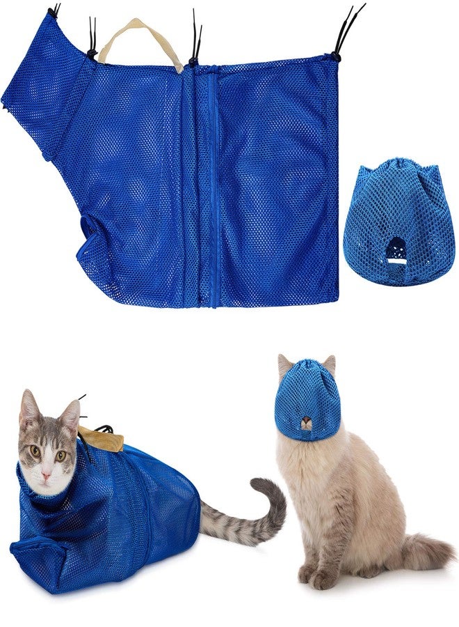 Weewooday 2 Pieces Cat Grooming Washer Mesh Bag Cat Muzzles Breathable Mesh Muzzles Adjustable Kitten Scratch Resistant Kitty Restraint Clothes Kitty Bath Bag for Bathing Nail Trimming Feeding(Blue) - Image 1