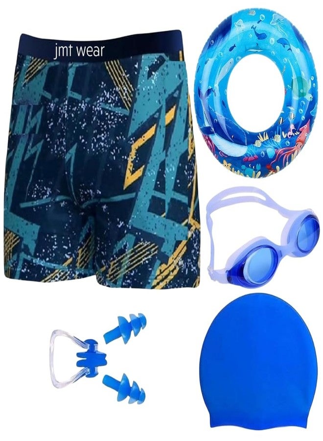 LEBAMI Boys Swimming Kit with 1 Swimming Shorts | Costume | Trunk 1 Anti Fog Swimming Goggles Swim Ring Swimming Cap 1 Nose Clip 2 Ear Plugs Multi-Color Multicolour
