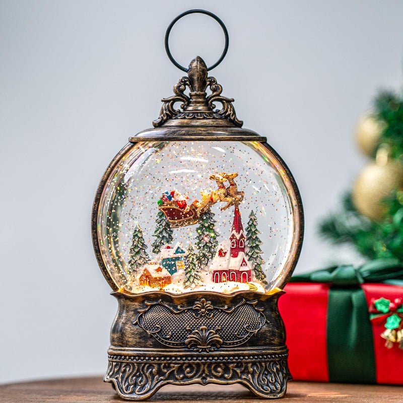 Christmas Village Snow Globe Lighted Flying Santa Scene Musical Snow Water Lantern Swirling Glittering Home Decoration and Gift Battery Operated or USB Powered