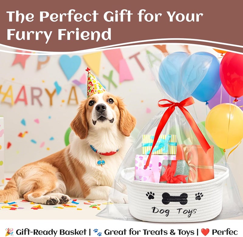 Bufims Small Woven Dog Gifts Basket for Storage Empty Dog Toy Bins Organizer with Ribbons and Bags Durable Cute Pet Gifts 12"X 8" X 5" Small Rope Basket for Gifting - Image 3