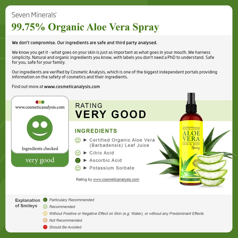 Seven Minerals Travel Size Organic Aloe Vera Spray with 100% Pure Aloe From Freshly Cut Aloe Plant, Not Powder - No Xanthan,So It Absorbs Rapidly With No Sticky Residue (2 fl oz) - Image 2