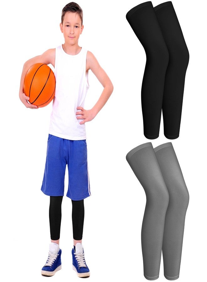 Geyoga 2 Pairs Kids Long Compression Leg Sleeves Long Knee Sleeves UV Protection for Boy Girl Youth Basketball Running Sport(Medium,Black, Grey) - Image 1