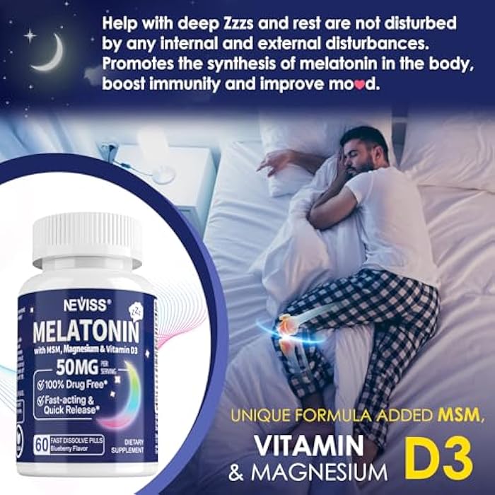 NEVISS Melatonin 50 mg for Adults - Extra Strength 9-in-1 Fast Dissolve Sublingual - High Dose with Magnesium Glycinate, Vitamin D3, Ashwagandha, Lemon Balm, Chamomile, Sugar Free,Vegan 120 Tablets - Image 5