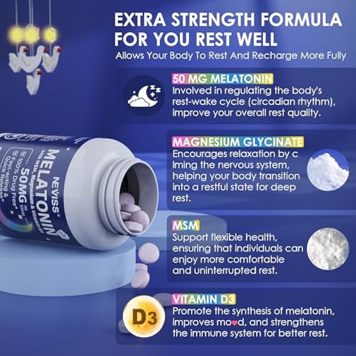 NEVISS Melatonin 50 mg for Adults - Extra Strength 9-in-1 Fast Dissolve Sublingual - High Dose with Magnesium Glycinate, Vitamin D3, Ashwagandha, Lemon Balm, Chamomile, Sugar Free,Vegan 120 Tablets - Image 4