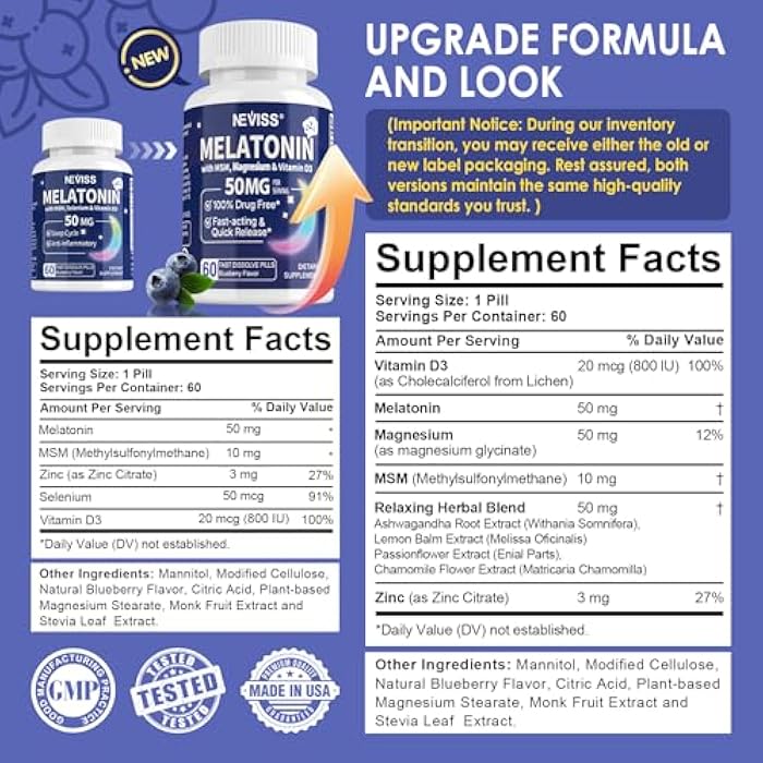 NEVISS Melatonin 50 mg for Adults - Extra Strength 9-in-1 Fast Dissolve Sublingual - High Dose with Magnesium Glycinate, Vitamin D3, Ashwagandha, Lemon Balm, Chamomile, Sugar Free,Vegan 120 Tablets - Image 2