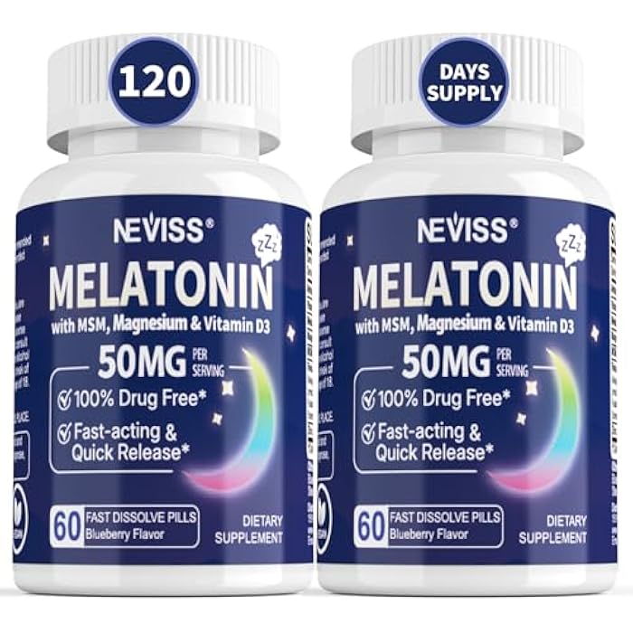 NEVISS Melatonin 50 mg for Adults - Extra Strength 9-in-1 Fast Dissolve Sublingual - High Dose with Magnesium Glycinate, Vitamin D3, Ashwagandha, Lemon Balm, Chamomile, Sugar Free,Vegan 120 Tablets - Image 1