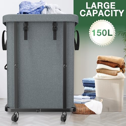 kunlabori 40 Gal(150L) High Grade Large Laundry Basket with Wheels, Rolling Laundry Hamper, Laundry Cart with Metal Frame and Removable Bag Design, Suitable for Laundry Room, Bedroom - Image 2